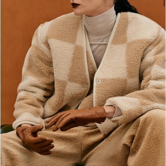 SOLD OUT Source Unknown Checker Shearling Blazer, Biscuit - Picture 2 of 3